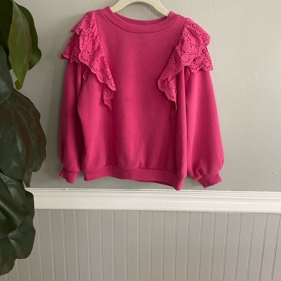 H&M Girls Eyelet Ruffle Hot Pink Sweatshirt 5/6 - Picture 2 of 7